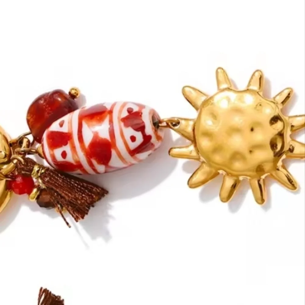 Sun Charm Huggie Hoop Earrings With Ceramic Beads | NWOT